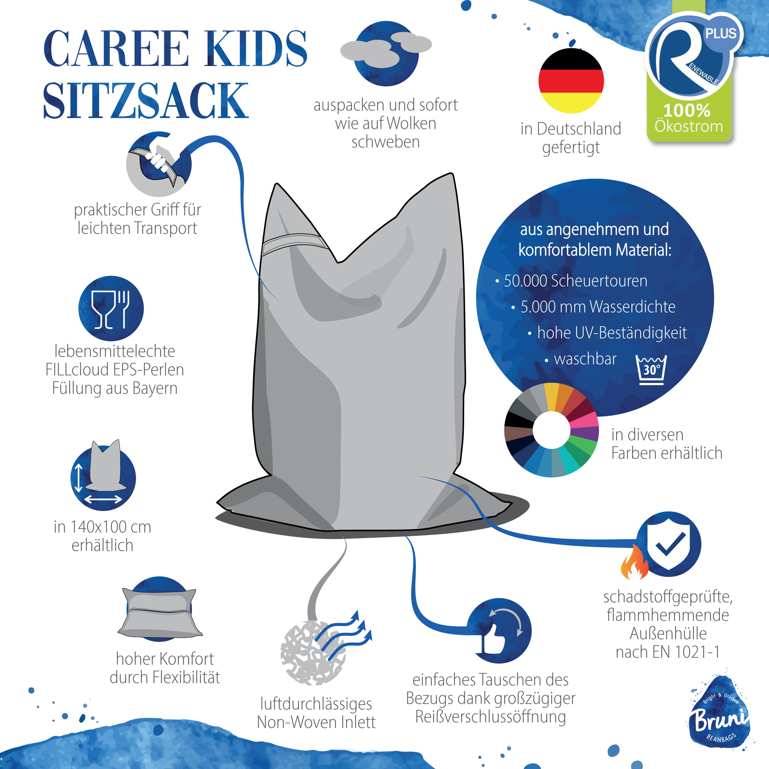 Bruni Caree Kids in Blau - Outdoor- und Indoor-Kinder-Sitzsack