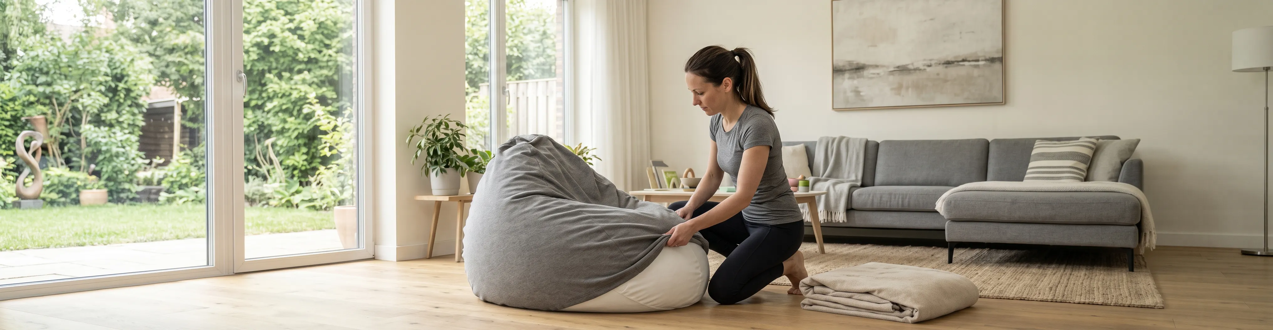 Sitzsack Zubehör / Extras - Frau beim Sitzsack nachfüllen und Bezug wechseln