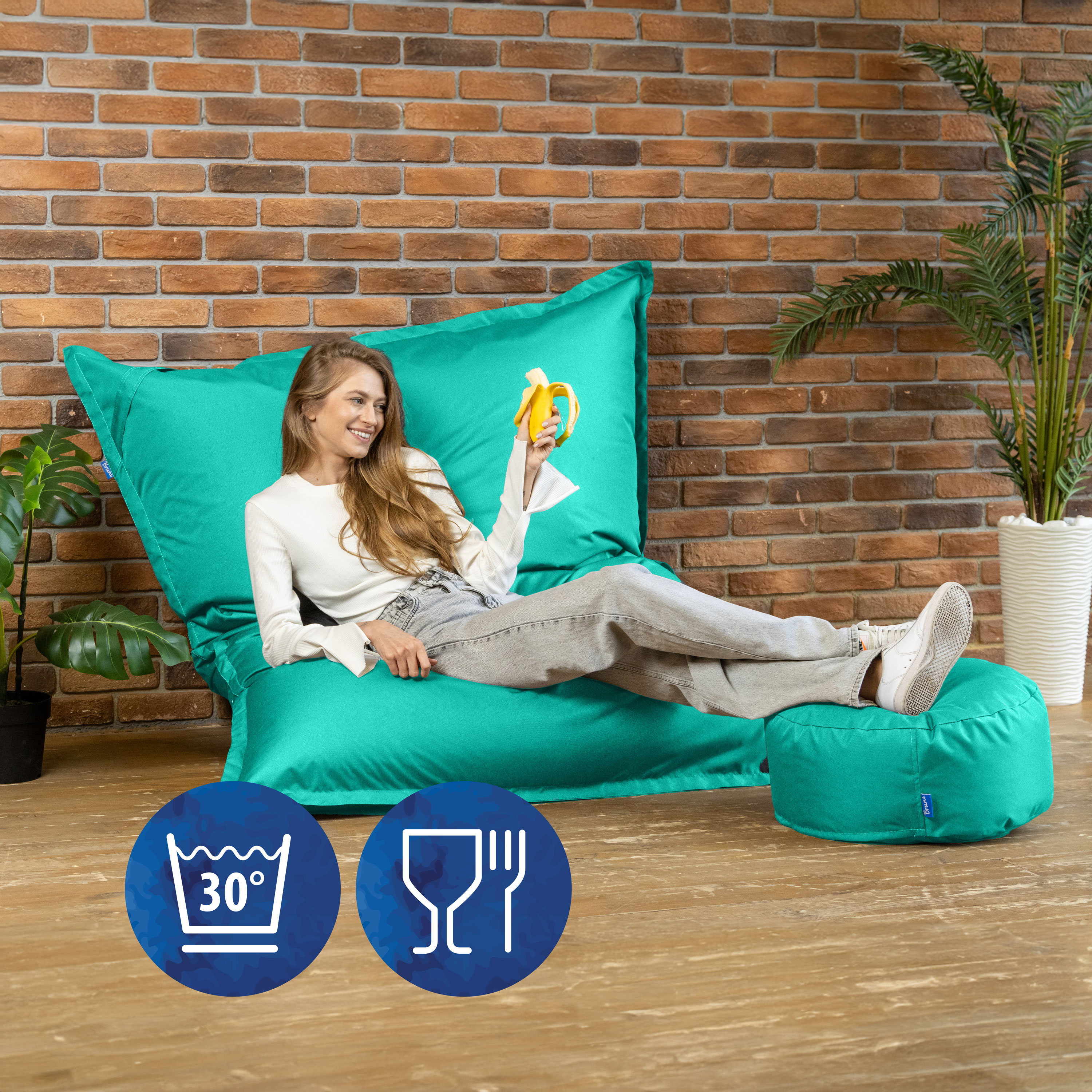Bruni Caree XXL-Sitzsack in Türkis - rechteckiger Indoor- und Outdoor-Sitzsack mit 140x180 cm aus Deutschland