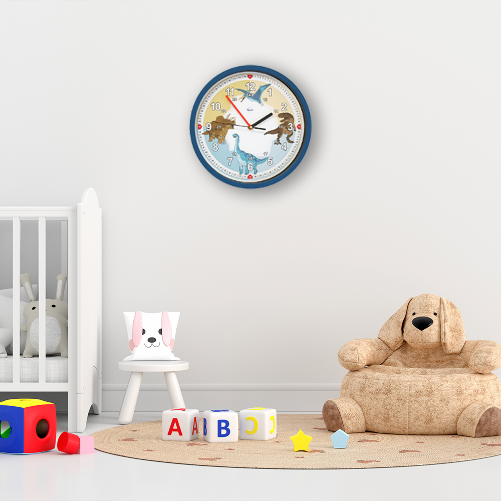Bruni Dino-Wanduhr - Bruchsichere Kinder-Wanduhr ohne Tickgeräusche