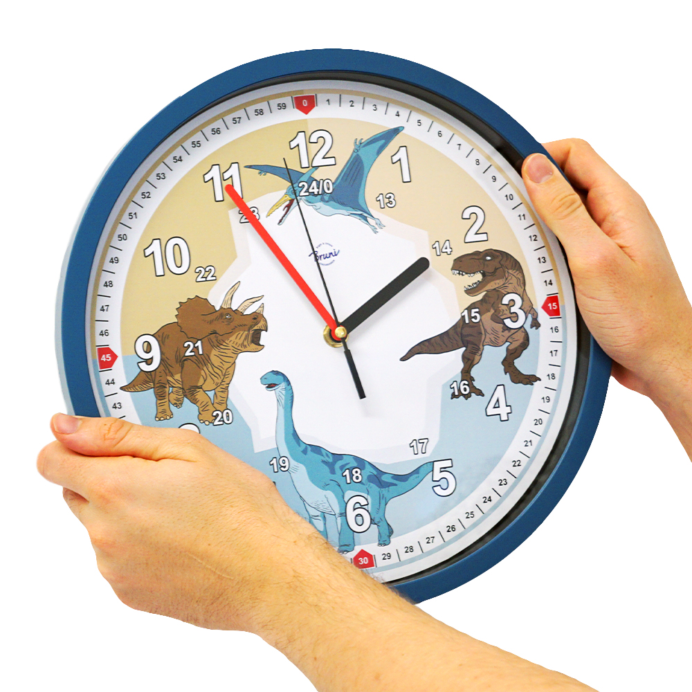 Bruni Dino-Wanduhr - Bruchsichere Kinder-Wanduhr ohne Tickgeräusche