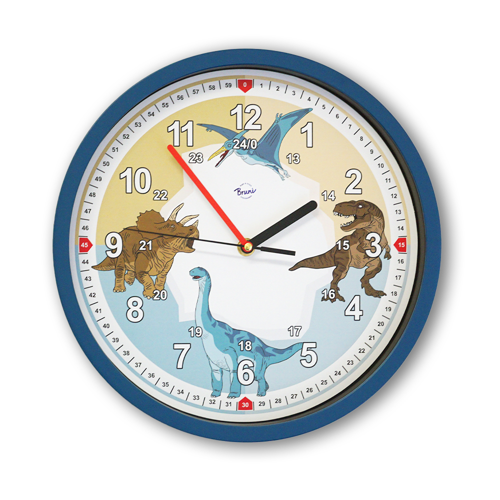 Bruni Dino-Wanduhr - Bruchsichere Kinder-Wanduhr ohne Tickgeräusche