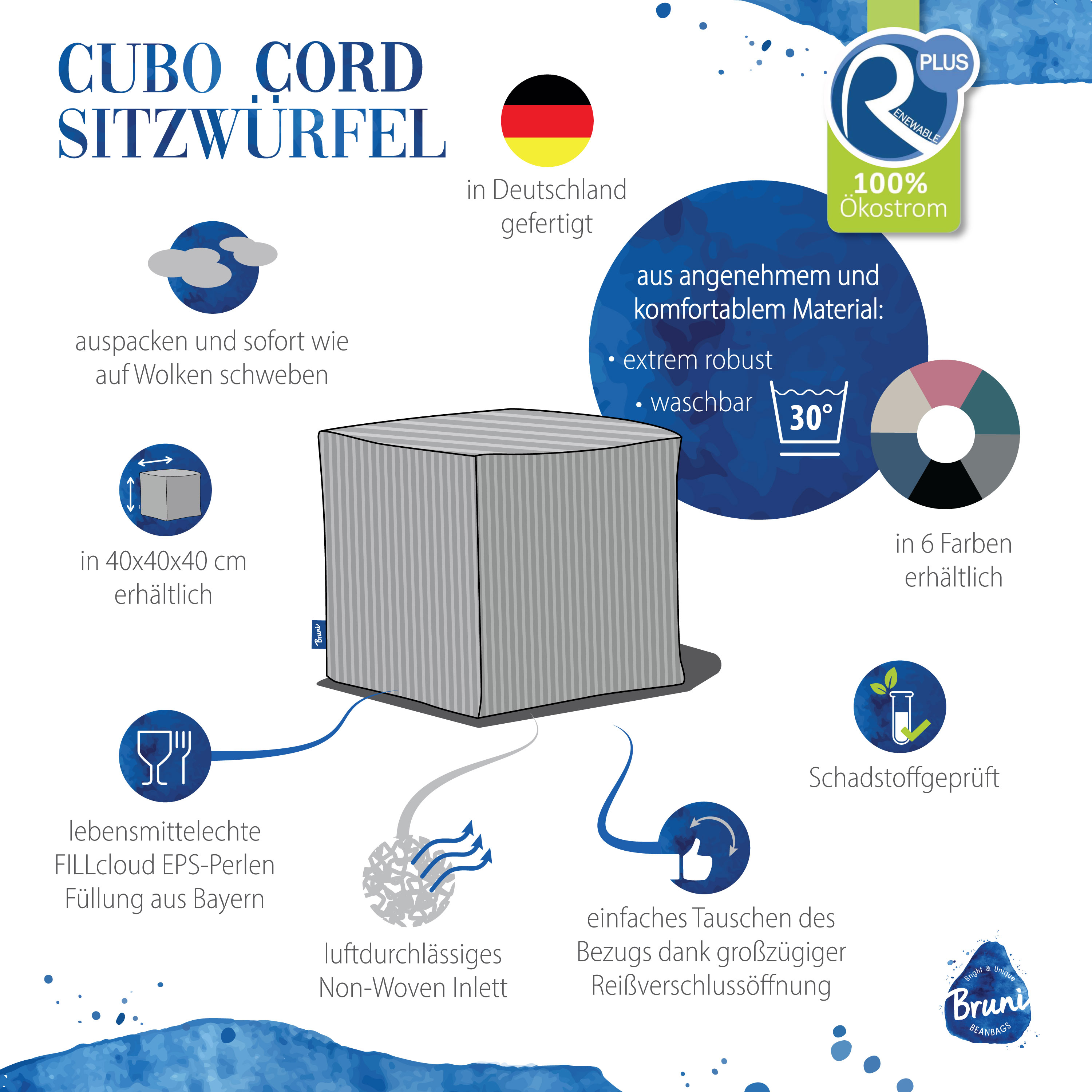 Bruni Cubo Cord in Rosa - Indoor-Sitzwürfel