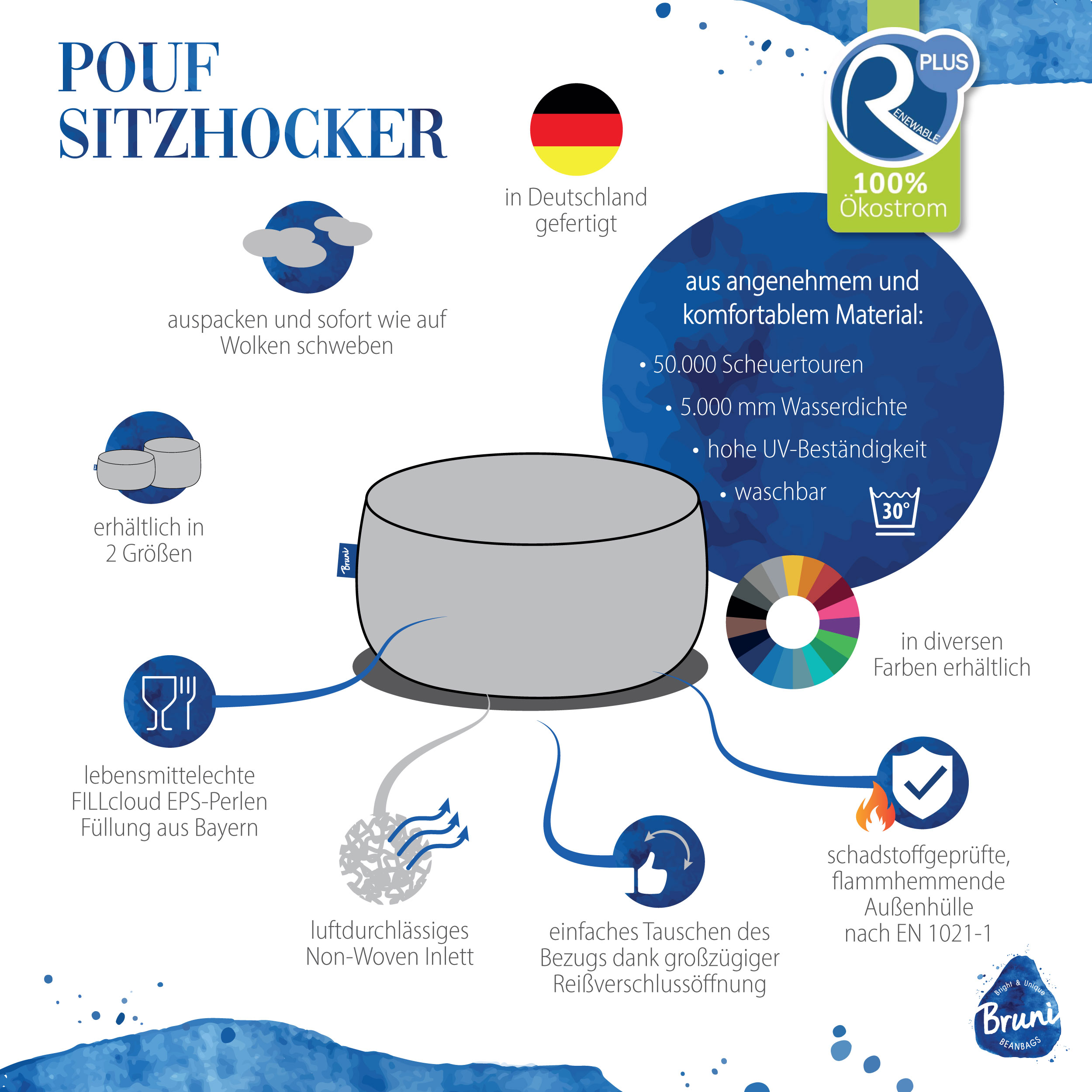 Bruni Pouf Fuß- und Sitzhocker L in Grau - Indoor- und Outdoor-Sitzpouf, in Deutschland gefertigt