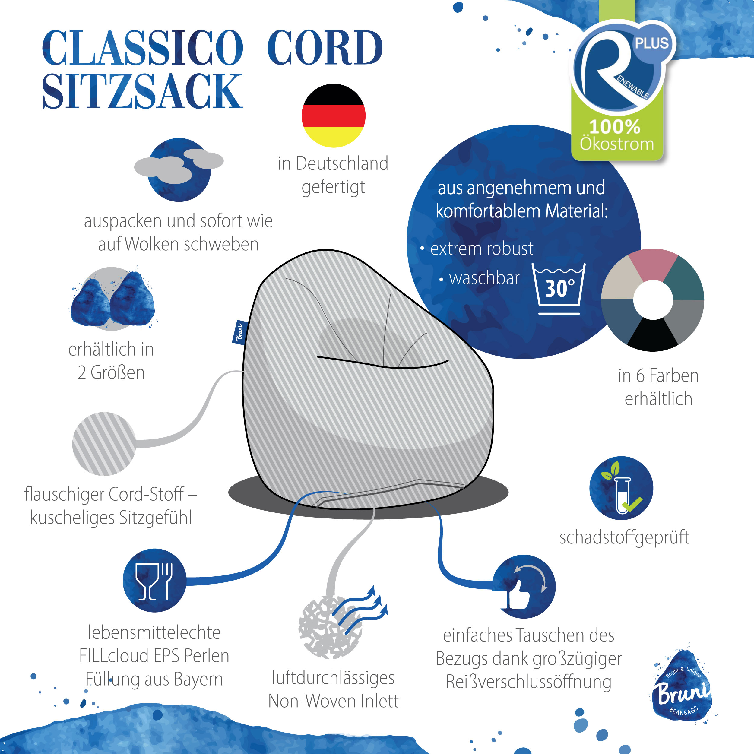 Bruni Classico Cord L in Petrol - Indoor-Sitzsack